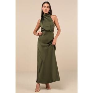 Lulus NWT Distinctive Charm Olive Green Satin Asymmetrical A-Line Maxi Dress